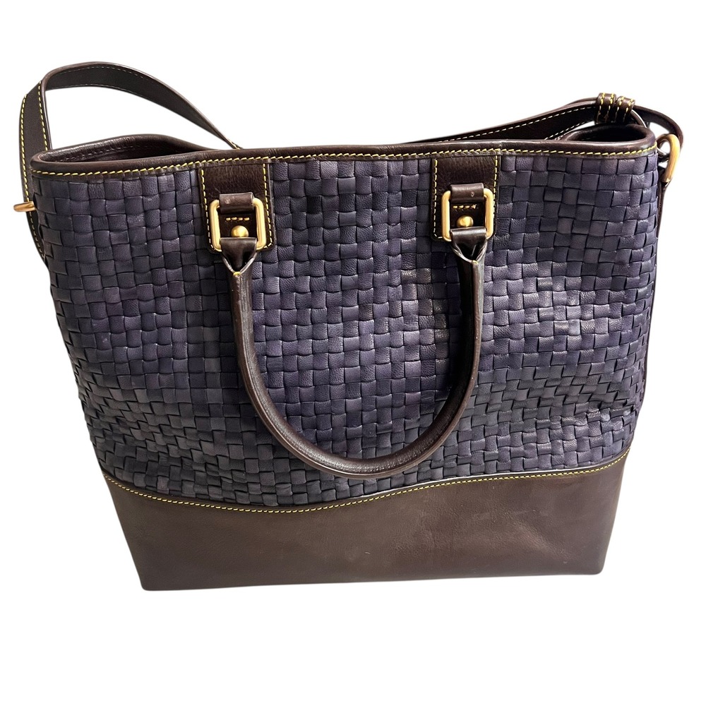 Dooney & Bourke Woven Leather Chelsea Tote Bag Navy Brown Satchel Shoulder Bag - Picture 3 of 9